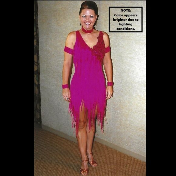 Women's Medium Pink Latin Ballroom Dance Fringe Rhinestone Dress Costume - Picture 3 of 16